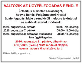 Változik a Békési Polgármesteri Hivatal ügyfélfogadási rendje